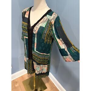 Maeve Anthropologie Boho Patchwork Dress Green Sheer V-Neck Mini Small